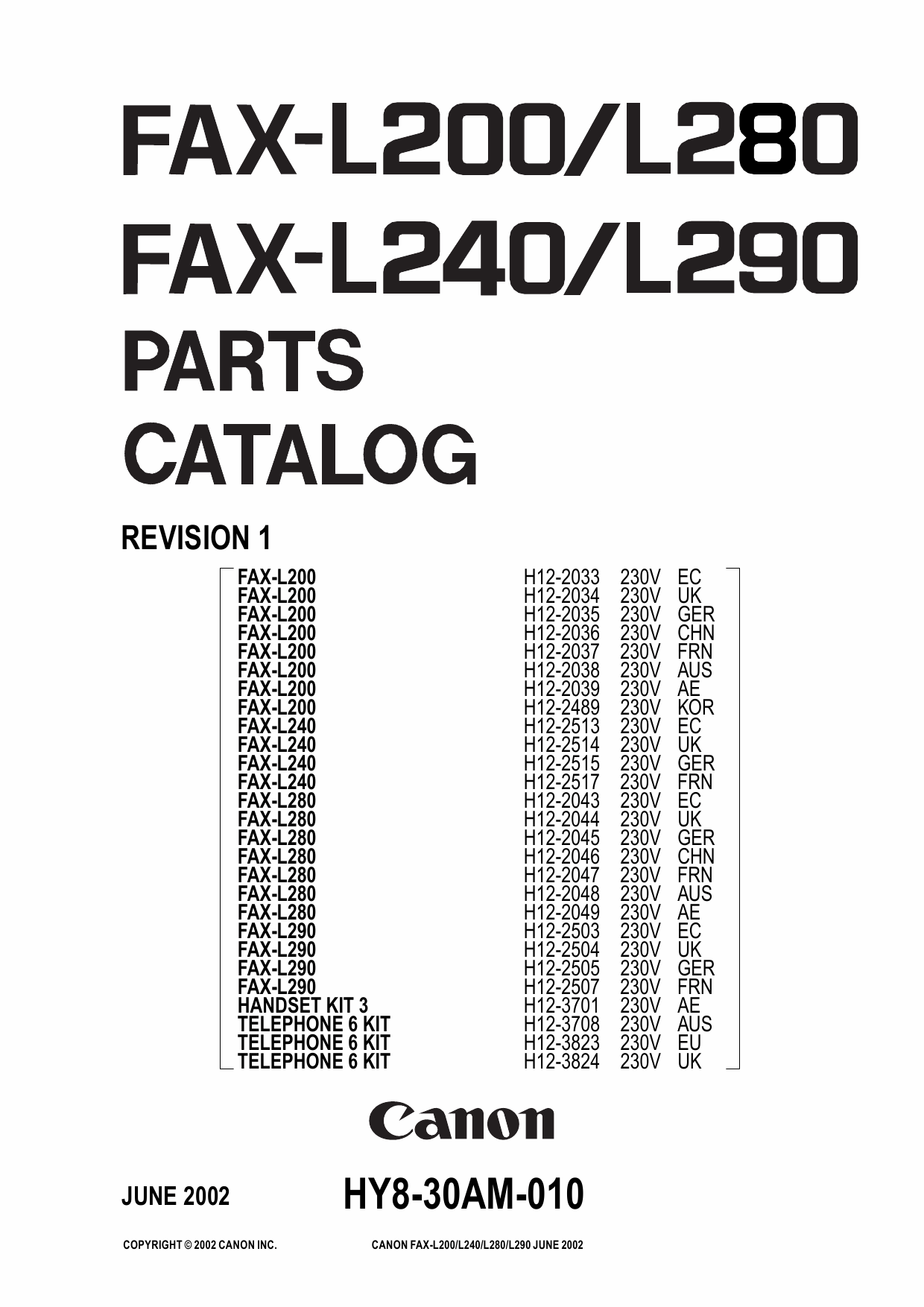 Canon FAX L280 Parts Catalog Manual-1